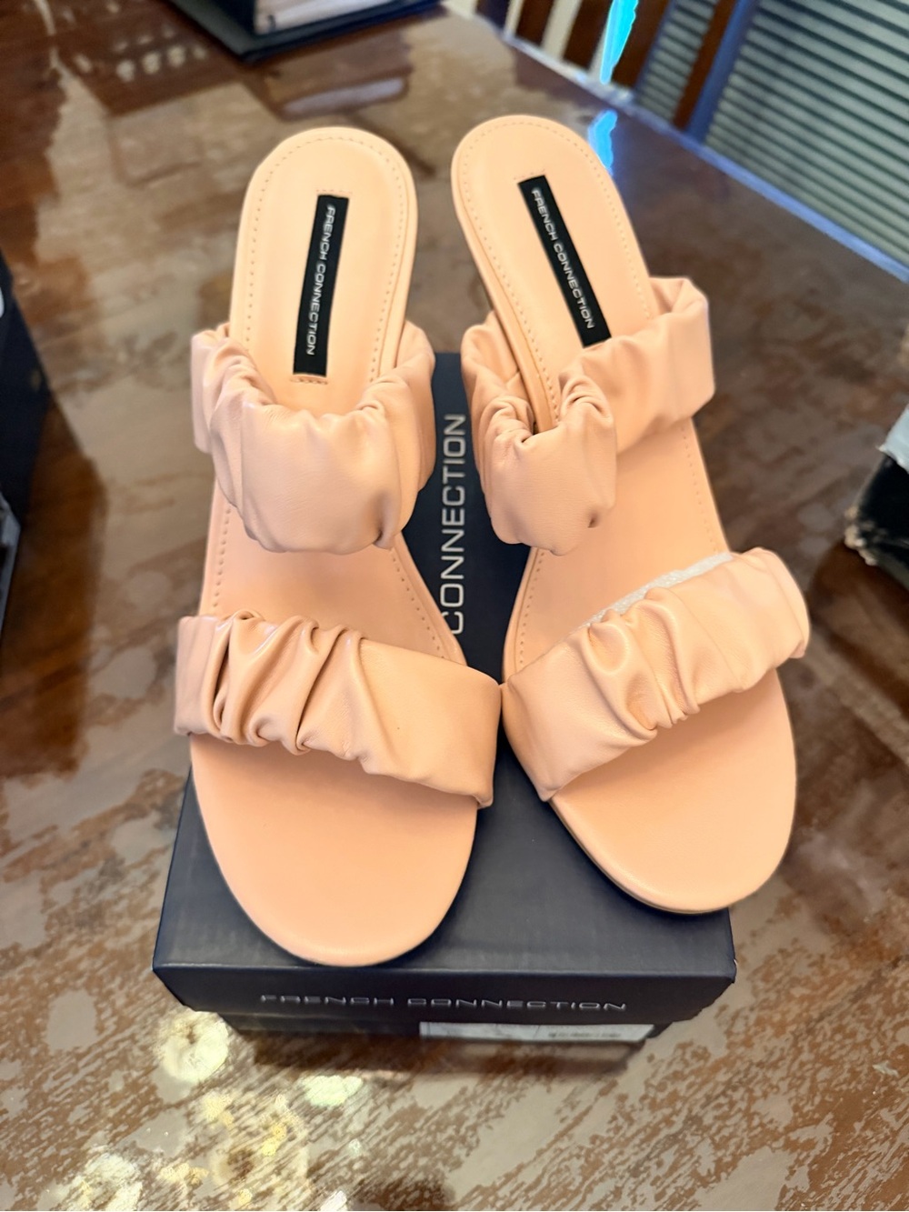 French Connection Peach Ruched Double-Strap Slide Mules
